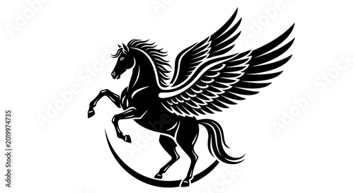Foto Majestic Black Pegasus Rearing Up with Powerful Wings Spread Wide