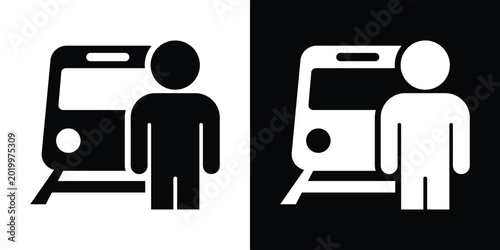 Tableau sur toile Simple silhouette icon of a man standing in front of a train, representing man commuters, safety in transit, and public rail travel