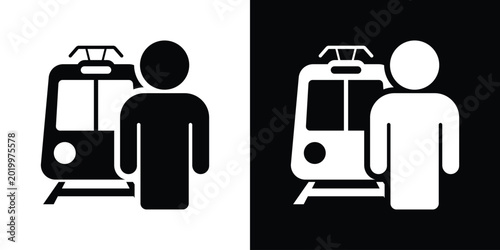 Photos Simple silhouette icon of a man standing in front of a train, representing man commuters, safety in transit, and public rail travel