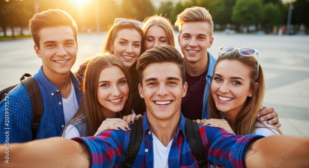 Obraz premium Group of Happy Diverse Young Friends Taking a Selfie Outdoors During G