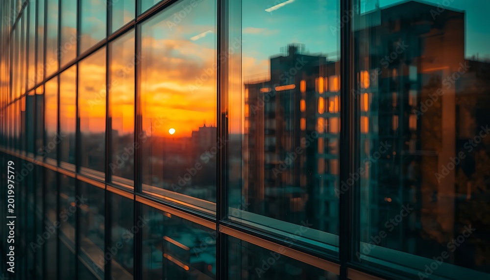 Fototapeta premium Abstract close-up of modern glass building facade with distorted reflections of sunset and cityscape