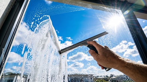 Professional squeegee cleaning a glass window
