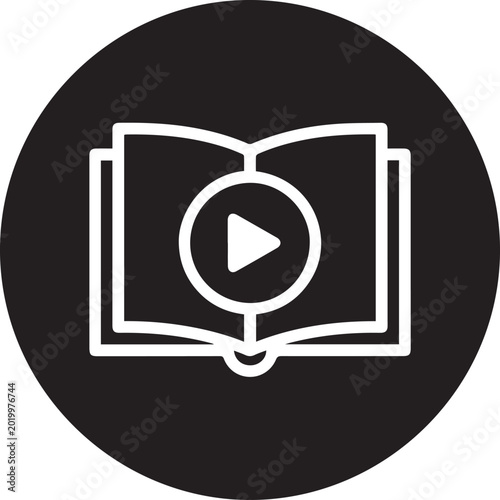 Vector icon of an open book with a play button on a black circle isolated on transparent background