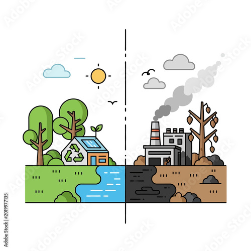 Eco-friendly house vs polluting factory, clean nature vs environmental pollution