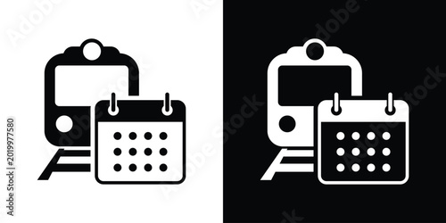 Foto Modern flat icon showing a train on tracks with a calendar, representing public transport scheduling, travel planning, and arrival times