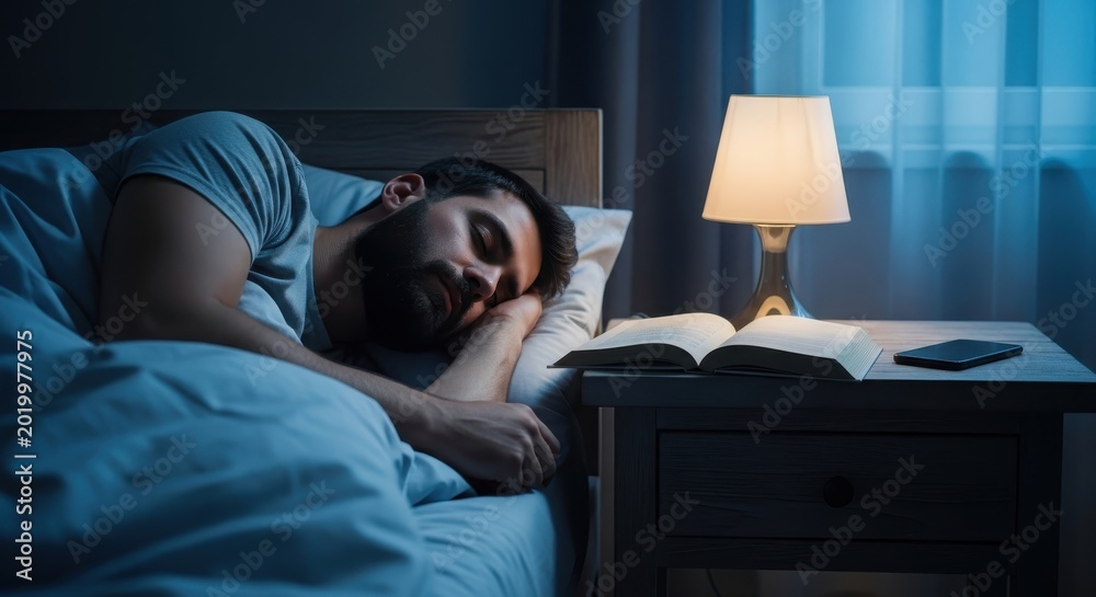 Fototapeta premium Peaceful Man Sleeping in Bed at Night with Lamp, Book, and Smartphone