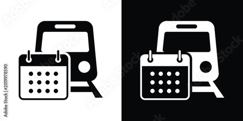 Cuadro en lienzo Modern flat icon showing a train on tracks with a calendar, representing public transport scheduling, travel planning, and arrival times