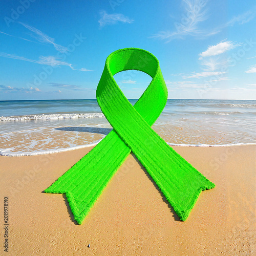 Green awareness ribbon on sandy beach while waves crash in the background
