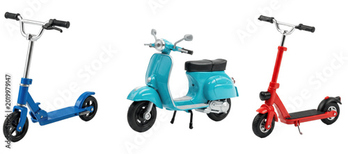 Photos Colorful kids scooter and mini moped trio, blue kick scooter, teal vintage style