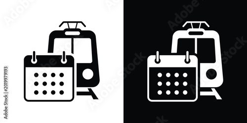Cuadro en lienzo Modern flat icon showing a train on tracks with a calendar, representing public transport scheduling, travel planning, and arrival times