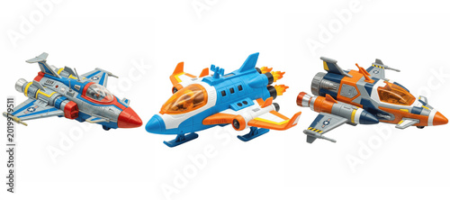 Konstfotografi Futuristic toy jet fighter trio with bright colors, space mission styling, imagi