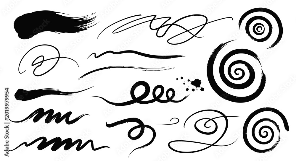 Fototapeta premium Artistic hand drawn Chinese ink brush strokes featuring elegant black swirls and calligraphic curved line spiral elements for traditional oriental aesthetic design compositions.