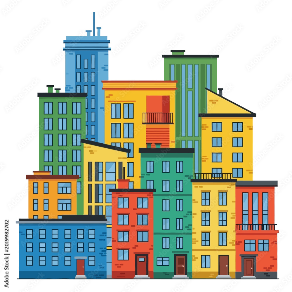 Naklejka premium Colorful City Buildings Illustration, Urban Skyline on White