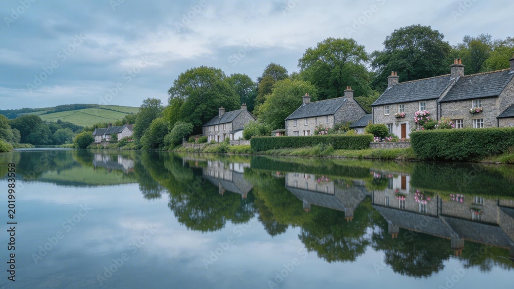 Fototapeta premium idyllic village houses by serene lake