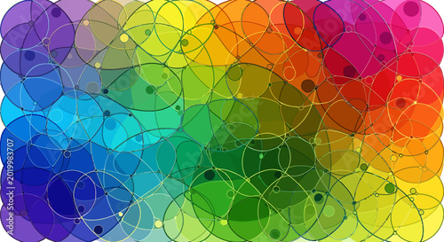 Abstract colorful overlapping circular shapes with intricate network lines.