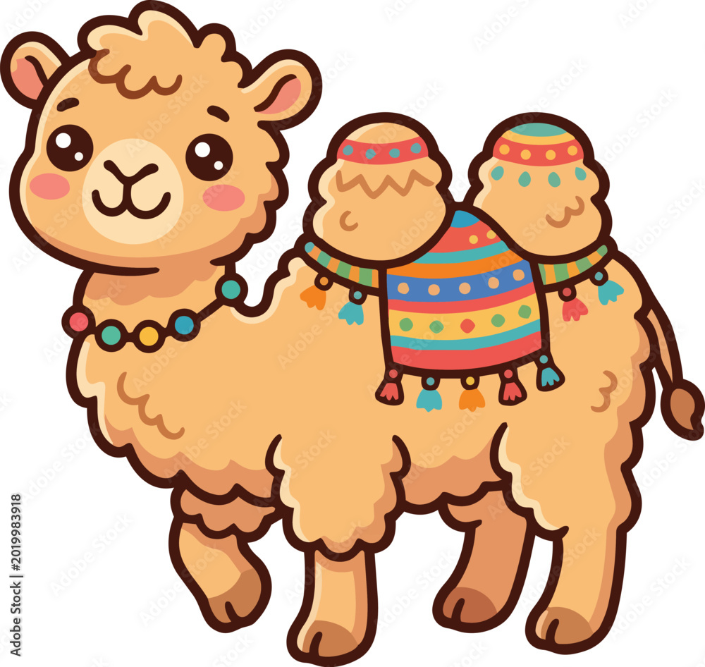 Fototapeta premium A cartoon llama wears colorful blankets and beads in a festive scene