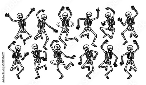 Fotografía Dancing Halloween Skeletons Black Contour Vector Illustration for Posters