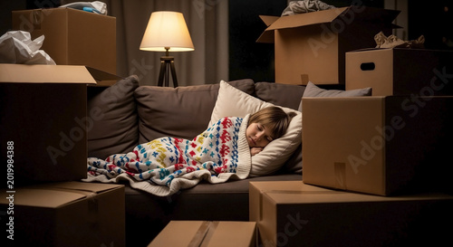 Young child asleep on couch, wrapped in colorful blanket, surrounded by cardboard moving boxes. Peaceful child asleep on couch rests on soft pillow during family relocation.