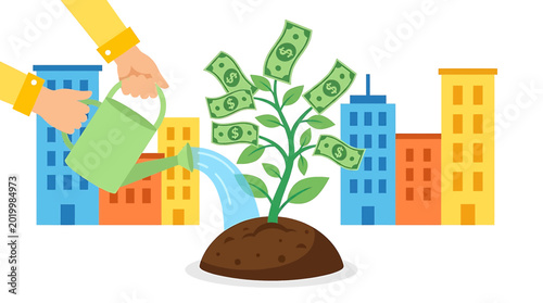 Foto Hand watering money tree with dollar bills and city buildings