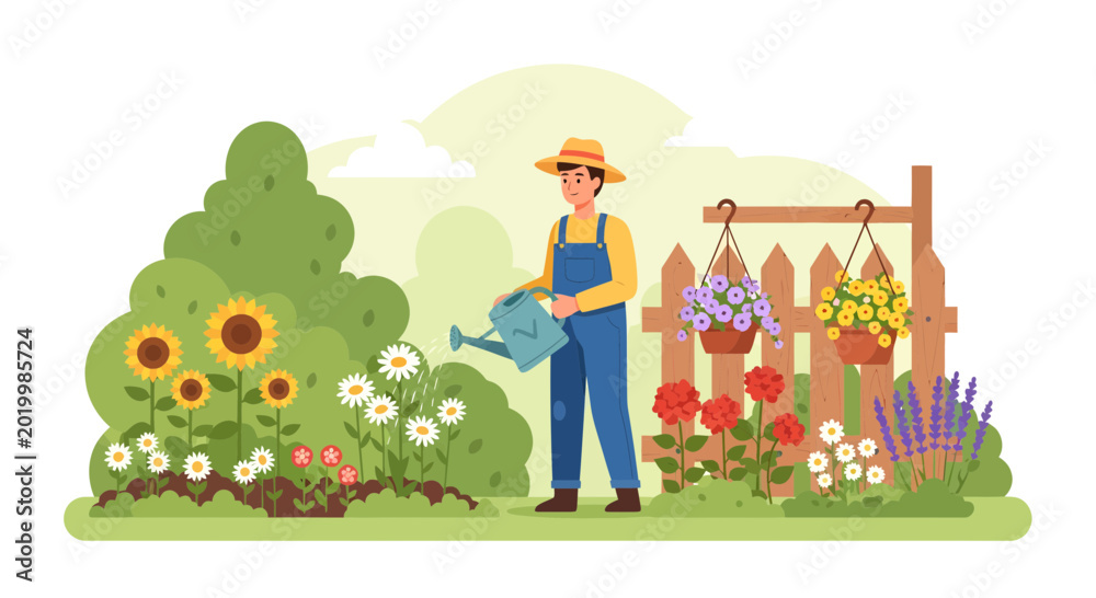 Fototapeta premium Gardener watering flowers in a vibrant garden