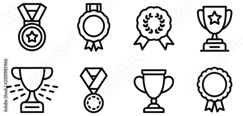 Set of award and trophy line icons featuring gold medals winner cups ribbons and laurel wreaths for sports competition success achievement.