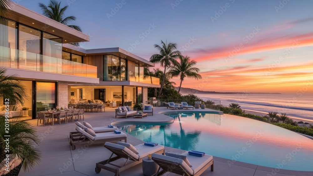 Fototapeta premium Modern luxury resort with infinity pool overlooking ocean at sunset