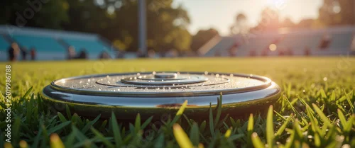 Obraz  z motywem Discus resting on grass with morning dew at athletic field  