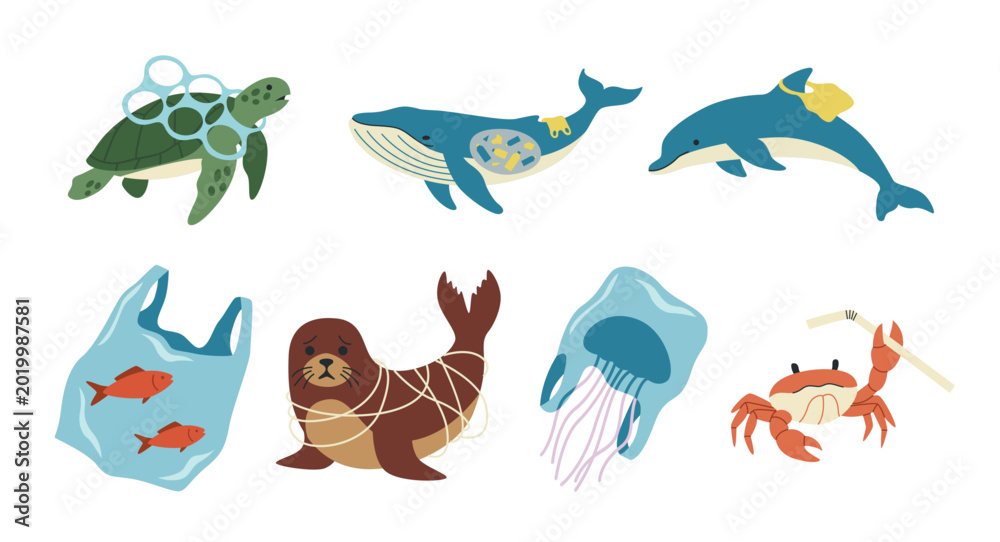Obraz premium Ocean Plastic Pollution Illustration Set, Marine Waste Environmental Awareness Collection