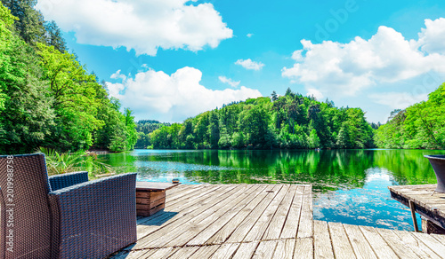 lake in forest. Lake Eiswoog is a reservoir Palatinate Forest (Rhineland-Palatinate) near the municipality of Ramsen (Donnersbergkreis)