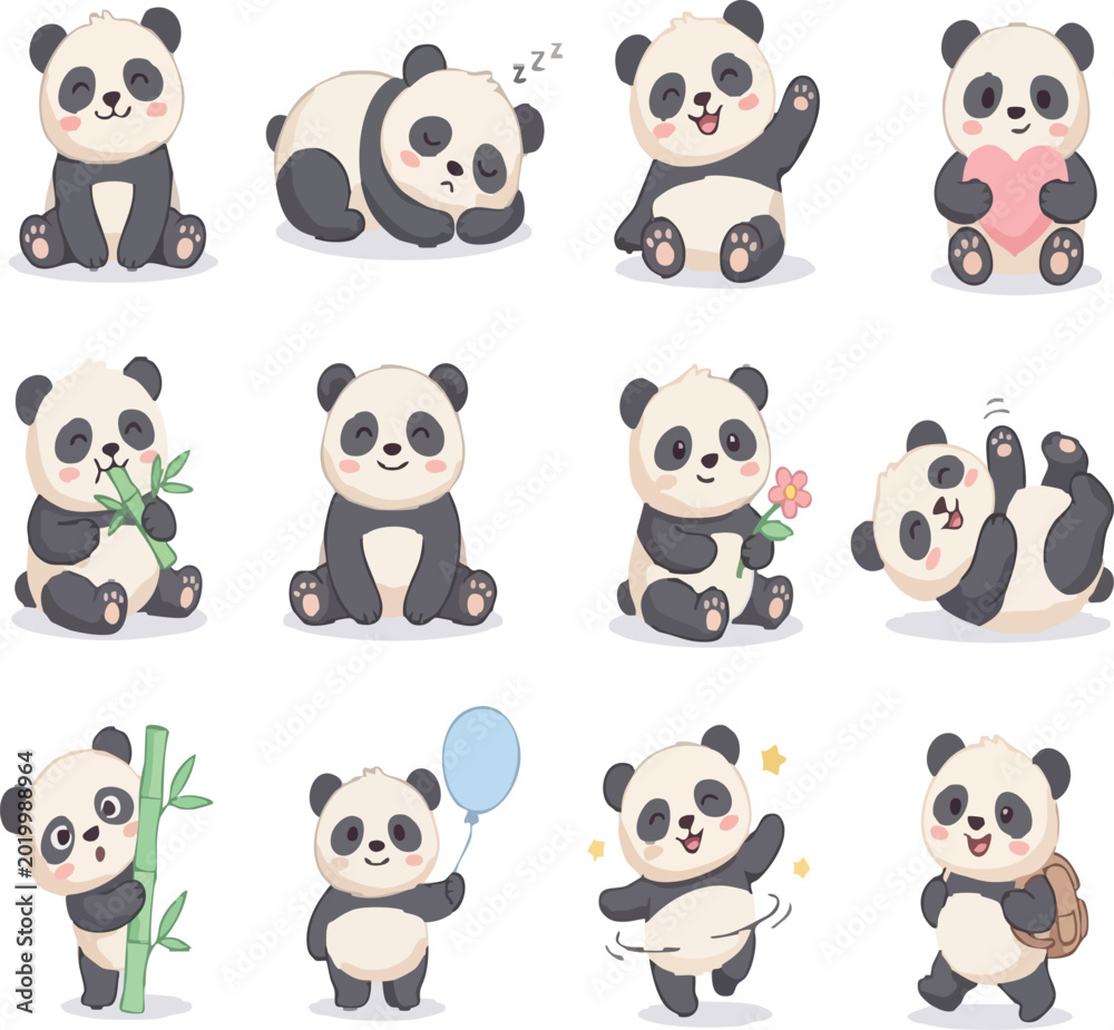 Obraz premium cute panda bear character set with daily activities and expressions