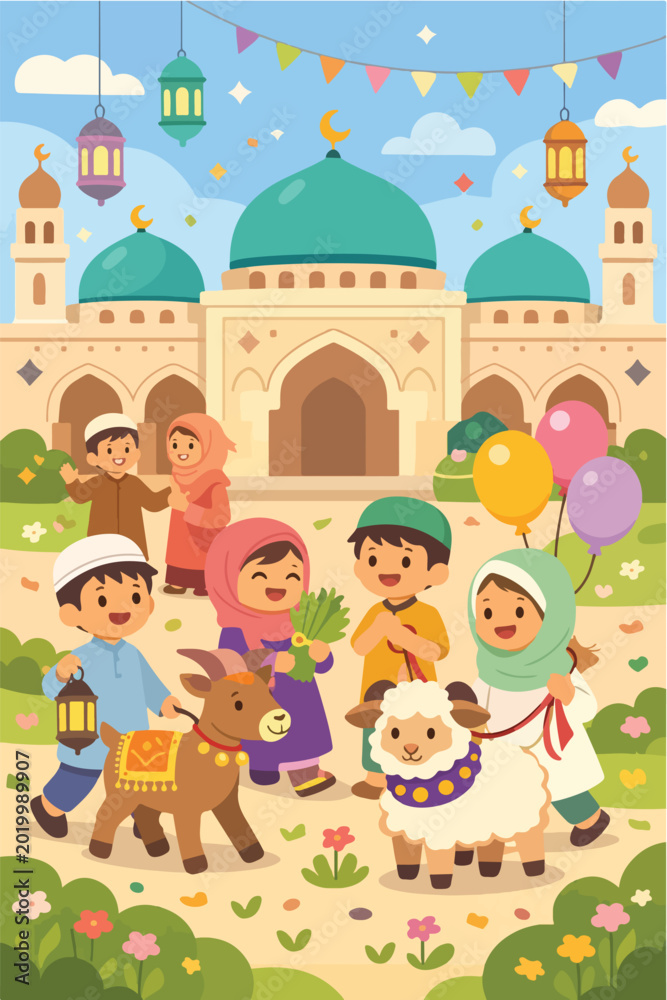 Fototapeta premium Cute Muslim Children Celebrating Eid al-Adha With Farm Animals Flat Vector Art 