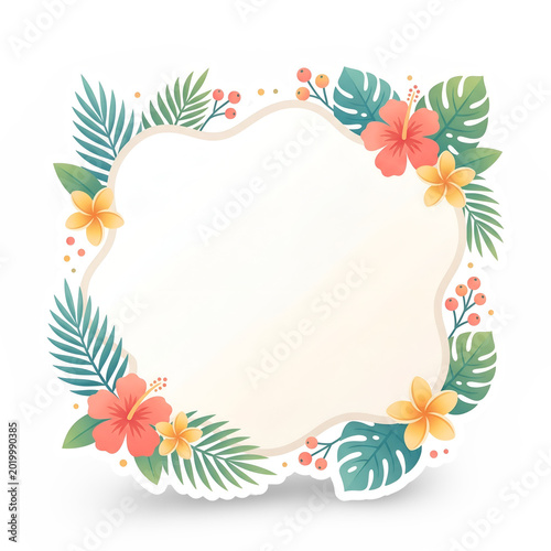 Vibrant Summer Tropical Floral Frame with Hibiscus, Plumeria, Palm Leaves, and Berries for Holiday
