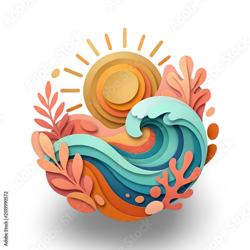 Vibrant Layered Paper Cut Art of a Summer Beach Scene with Sun, Waves, and Tropical Foliage, Perfect