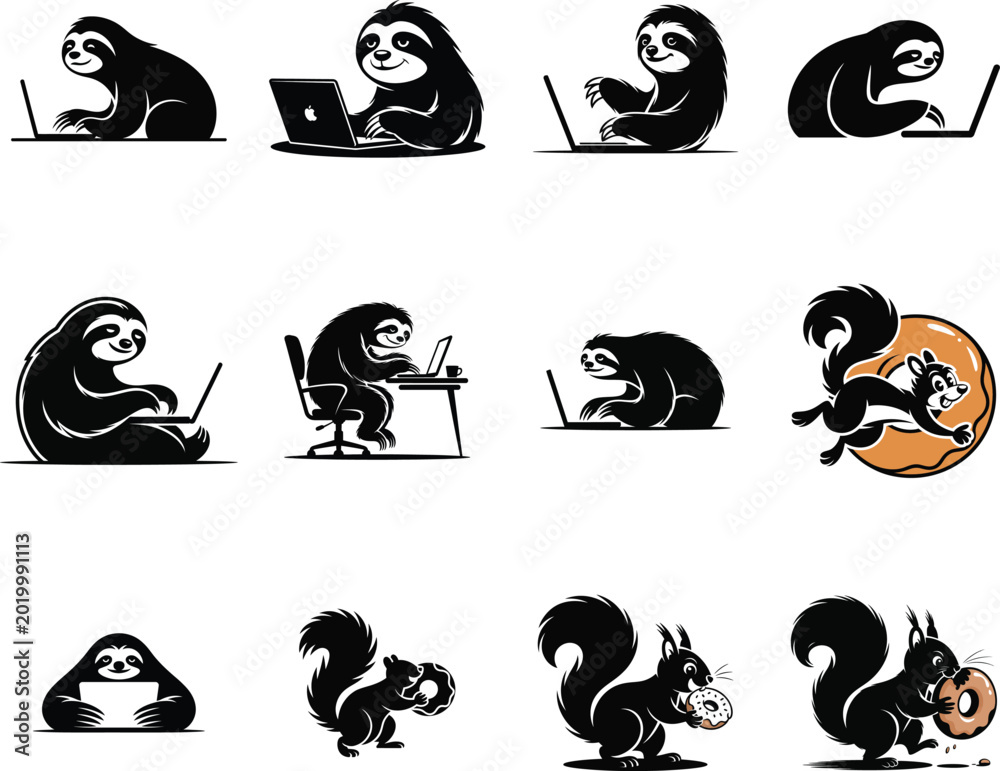 Fototapeta premium Collection of sloths and squirrels interacting with laptops and donuts, depicting animals working