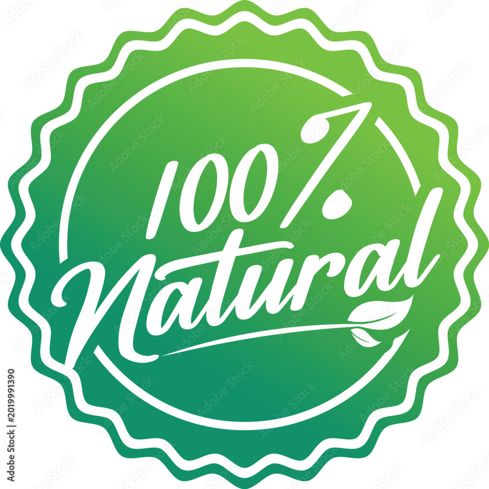 Naklejka premium Organic 100 percent natural badge. Fresh food quality certification stamp. Sustainable leaf logo icon isolated on white background vector