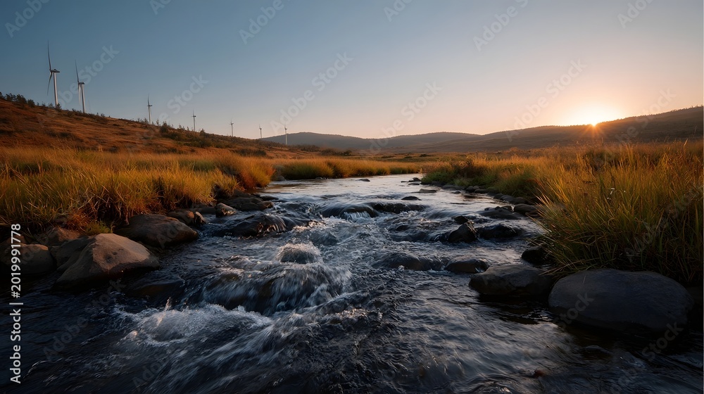 Fototapeta premium Golden hour light illuminates a flowing creek through a vast meadow backed by rolling hills and modern wind energy turbines