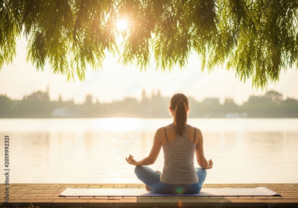 Fototapeta premium Young Woman Practicing Yoga Meditation in Lotus Pose by the Lake at Su