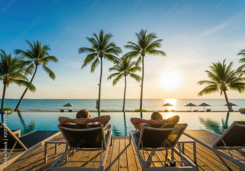 Fototapeta premium Two Men Relaxing on Sun Loungers by an Infinity Pool at a Luxury Tropi