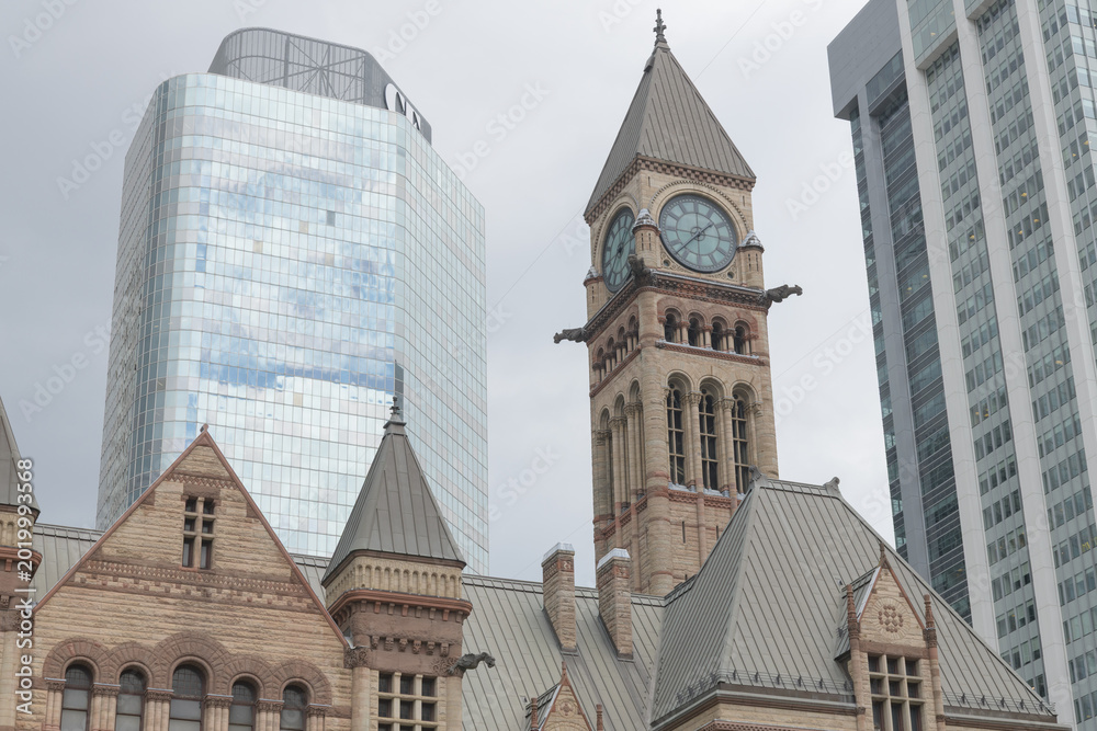 Fototapeta premium modern office tower contrast with Old City Hall, designed by Edward James Lennox, 60 Queen St W, Toronto