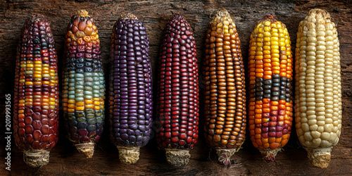 Valokuva Different Types of Colorful Corn on Wooden Table