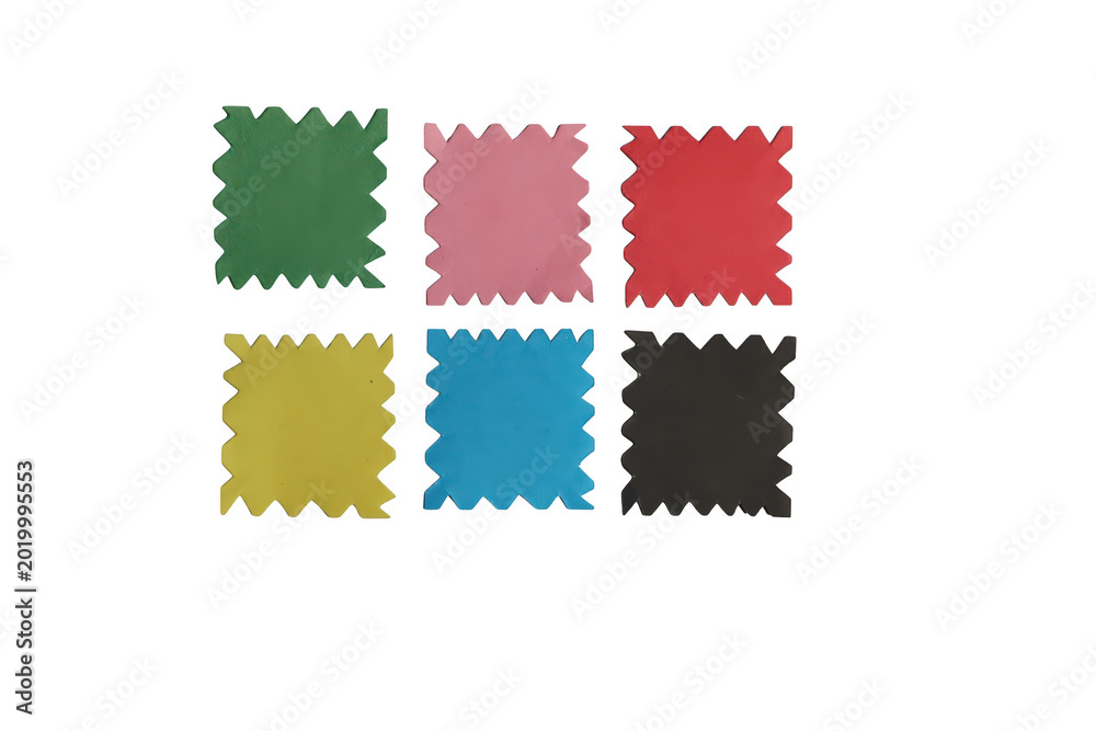 Fototapeta premium Colorful serrated edge square paper swatches collection on transparent background for textile design samples presentation.