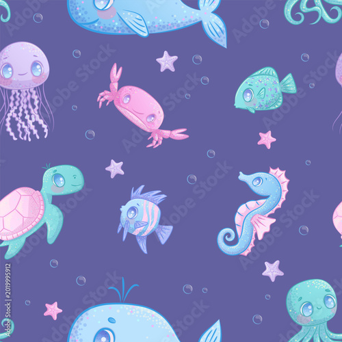 Seamless pattern with cute cartoon sea animals on a blue background. Whale, jellyfish, octopus, fish, seahorse, turtle, crab, star. Vector illustration for the design of postcards, printing, textiles