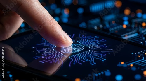 Finger touching a glowing blue circuit board on a smartphone screen with a futuristic background