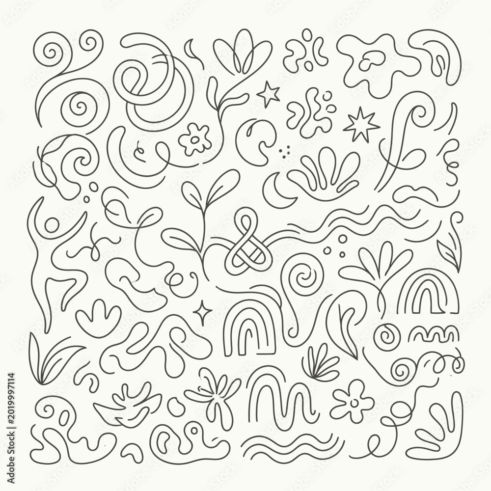 Fototapeta premium A black and white line drawing of various abstract shapes and floral patterns.