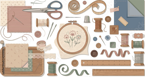Bild auf Leinwand Sewing Craft Supplies Set with Embroidery Hoop Scissors Threads Buttons Rulers F