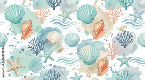 Canvas Print Watercolor Seashell Seamless Pattern with Starfish Coral Waves and Coastal Ocean