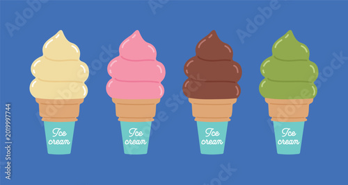 Set of four colorful soft serve ice cream cones in vanilla, strawberry, chocolate, and matcha flavors. Cute flat vector illustration on a vibrant blue background, perfect for summer dessert menus and 