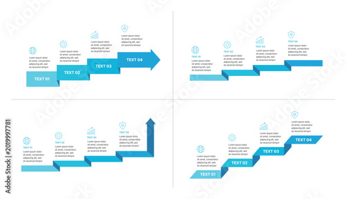 Set of business infographic templates featuring blue 4-step arrow and staircase process diagrams. Clean vector designs for workflow, timeline, progress, or growth presentation with icons and text plac