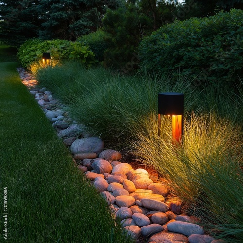 Outdoor Lighting Highlights Landscaping Design at Night in a Garden Space
