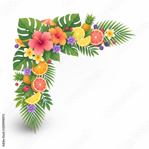 Vibrant Tropical Corner Frame Illustration with Exotic Flowers, Lush Leaves, and Fresh Summer Fruits